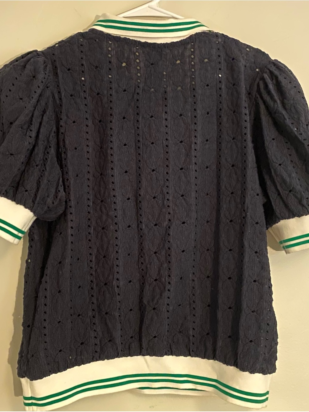 Maeve Knit Navy Polo Top with White & Green Trim and Crystal Buttons - Picture 5 of 11